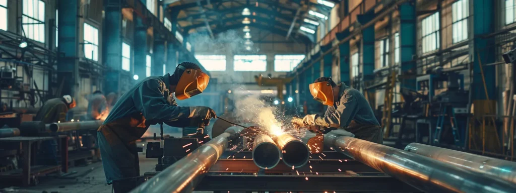 a dynamic industrial scene showcasing local pipe fabrication workers meticulously welding stainless steel pipes in a well-lit workshop, highlighting the challenges of material sourcing and labor shortages in the background.