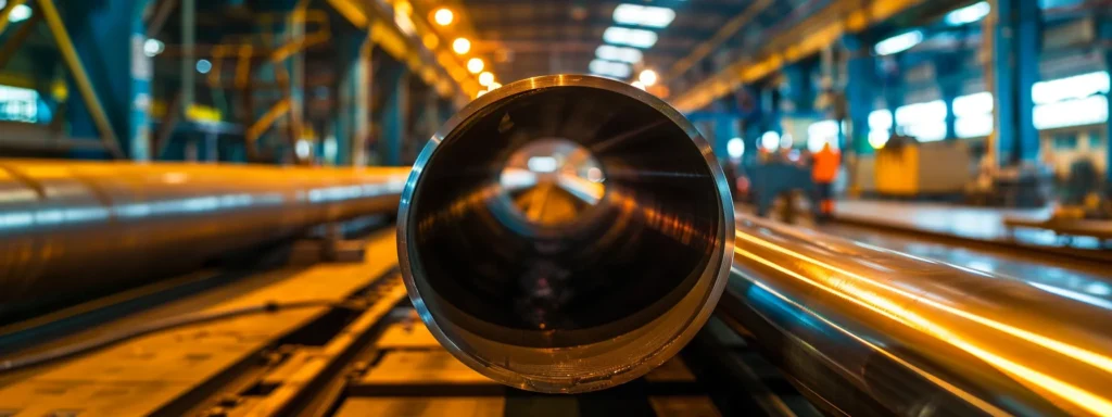 a sleek, polished stainless steel pipe sits prominently against a backdrop of an industrial workshop, where skilled workers engage in mig and tig welding, highlighting the precision and craftsmanship of local pipe fabrication.