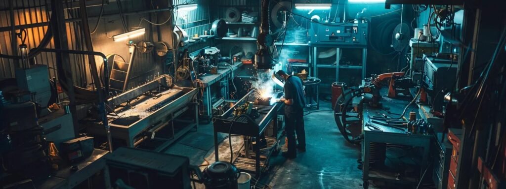 a bustling industrial workshop features skilled welders using advanced mig and tig techniques, surrounded by high-tech machines and custom-fabricated metal components, highlighting the precision and innovation in modern metalworking.