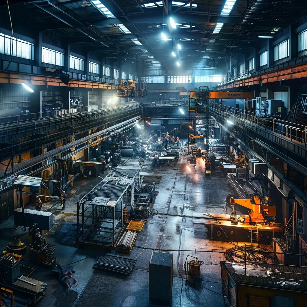 a bustling metal fabrication workshop showcases skilled professionals engaged in intricate welding and machining tasks, illuminated by bright overhead lights that highlight the sharp details of metalwork and equipment.