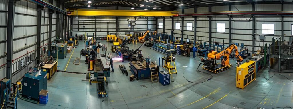 a dynamic industrial setting showcases skilled welders operating advanced robotic welding arms amidst an array of precision fabrication machinery, highlighting the integration of technology and craftsmanship in modern metalworking.