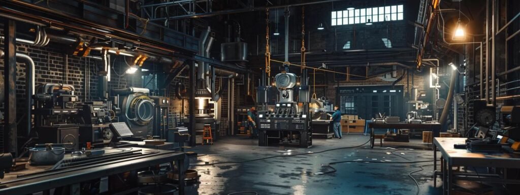 a dynamic industrial workspace featuring skilled professionals operating advanced welding machines, surrounded by intricate metal structures and fabrication tools, illuminated by focused overhead lights highlighting the precision and complexity of their craft.