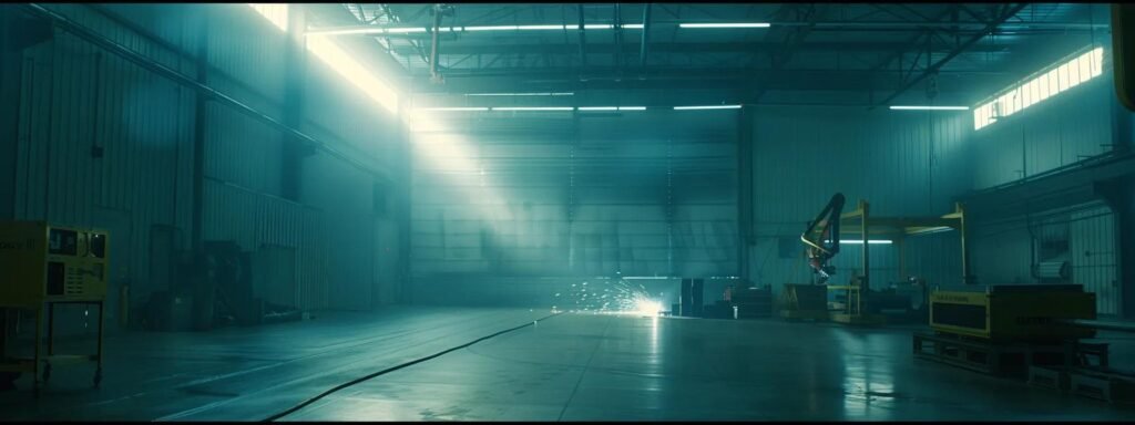 a dynamic welding shop scene captures a skilled technician expertly performing a gas tungsten arc weld on a sleek metal frame, illuminated by intense overhead lights that highlight the precision and craftsmanship in the fabrication process.