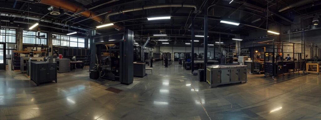 a sleek industrial workspace features state-of-the-art welding machines and fabrication tools, illuminated by bright overhead lights, showcasing the precision and craftsmanship of custom metalwork in progress.