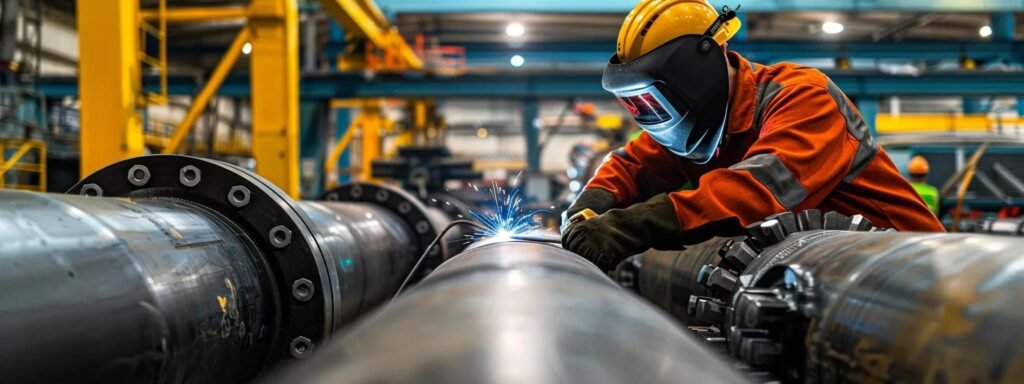 a close-up shot of a welder in an industrial workshop, meticulously working on complex metal pipe geometries under bright overhead lights, highlighting the intricate details of the welding process against a backdrop of large-scale fabrication equipment.